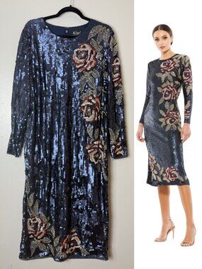 Mac Duggal Dress 16 Blue Sequin Red Gold Floral Beaded Wedding Guest Evening